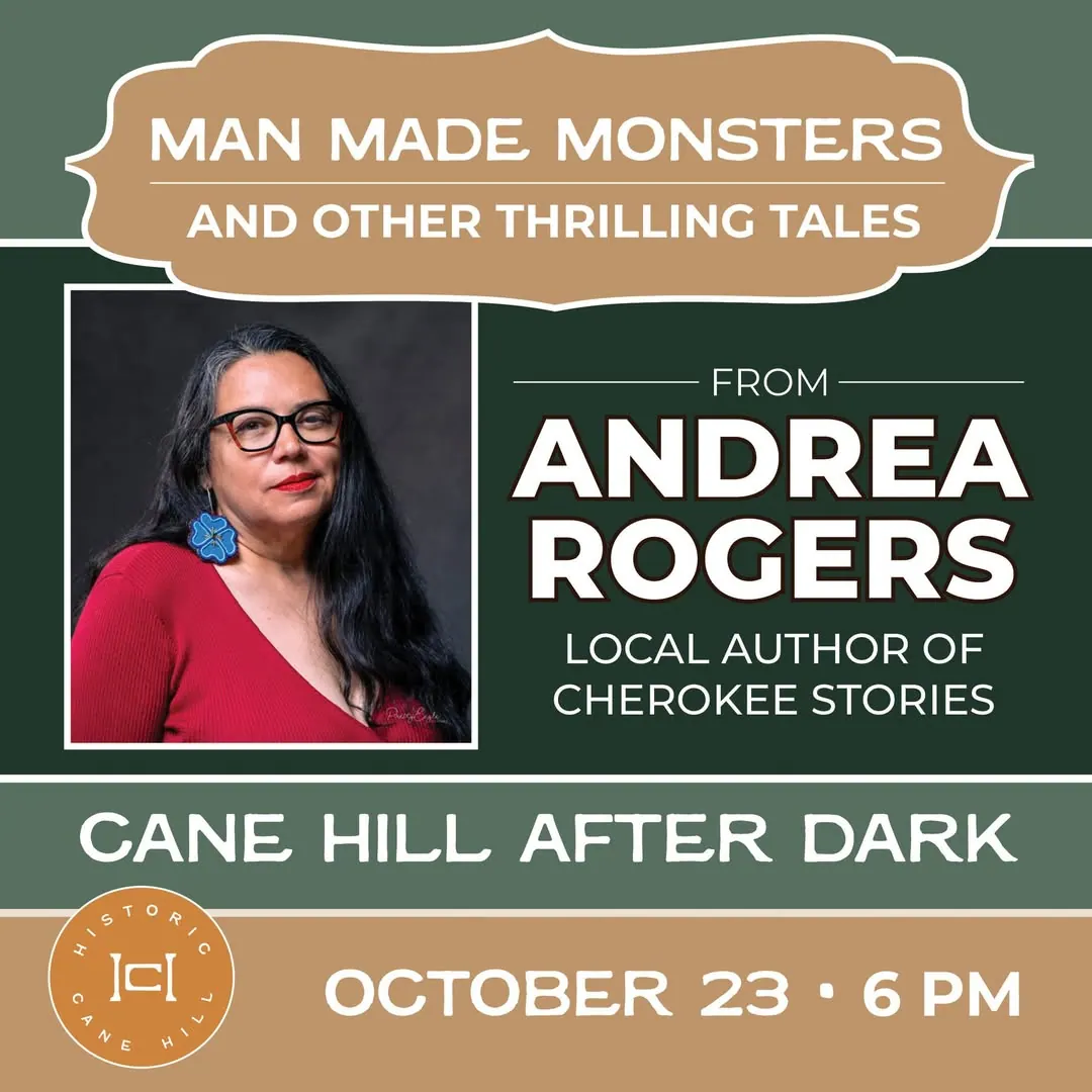 Author Andrea Rogers on a Cane Hill After Dark poster, October 23 at 6 PM