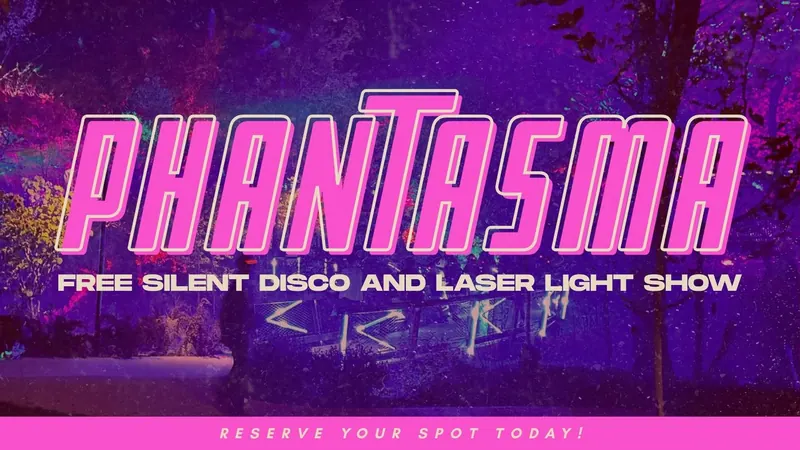 Phantasma free silent disco and laser light show banner over the Lower Ramble at night