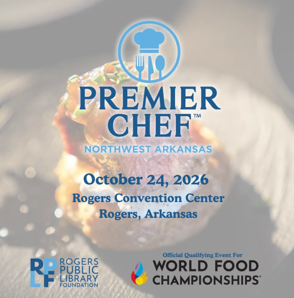 Premier Chef Northwest Arkansas graphic for October 24, 2026 at Rogers Convention Center, an official qualifying event for the World Food Championships