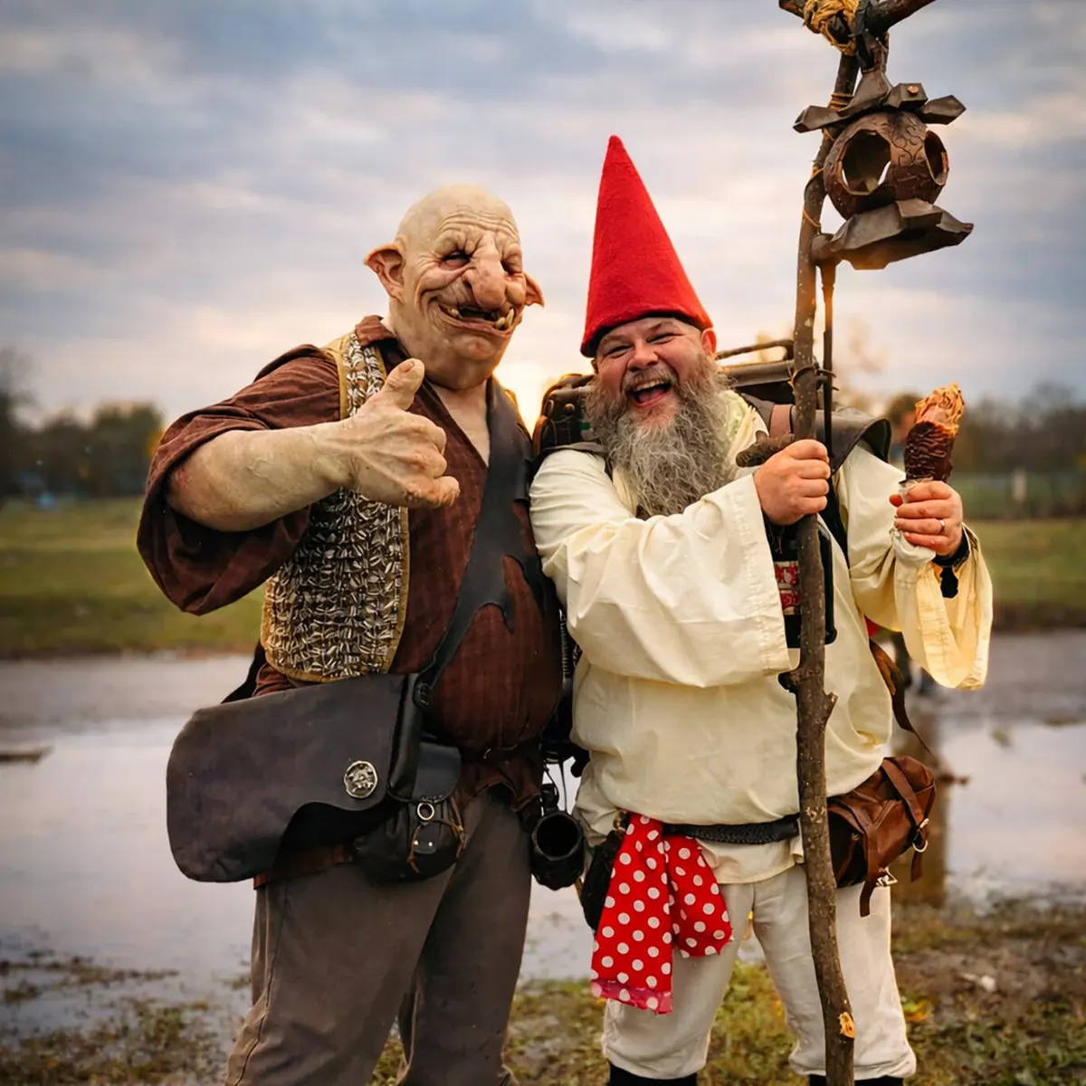 Costumed goblin and gnome characters posing together on the faire grounds