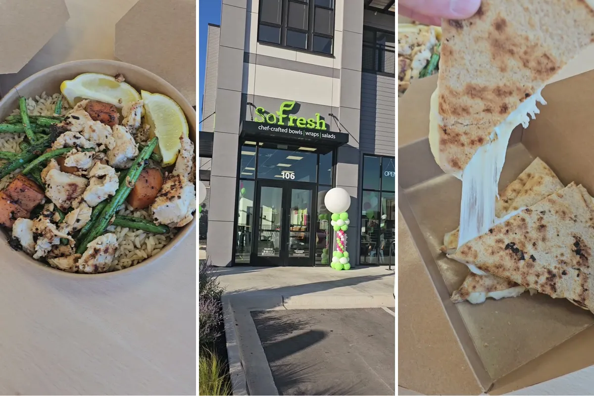 SoFresh in Rogers: a Harvest Bowl, the storefront with grand-opening balloons, and a quesadilla cheese pull